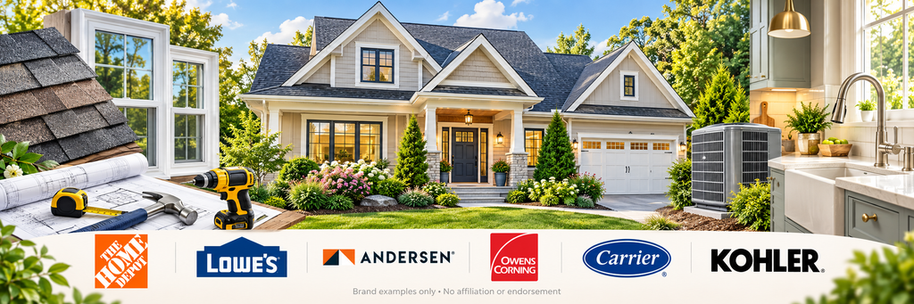 Home repair and upgrade illustration featuring a house, roofing, windows, HVAC, kitchen fixtures, tools, and six home improvement brands.